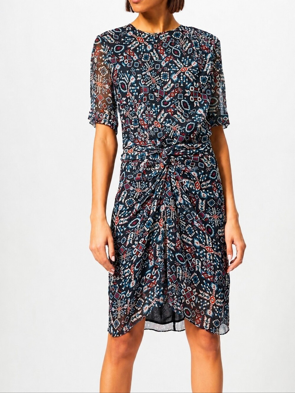 ISABEL MARANT ETOILE | 100% Silk Printed Ruched Knee Length Dress FR 40 US 8